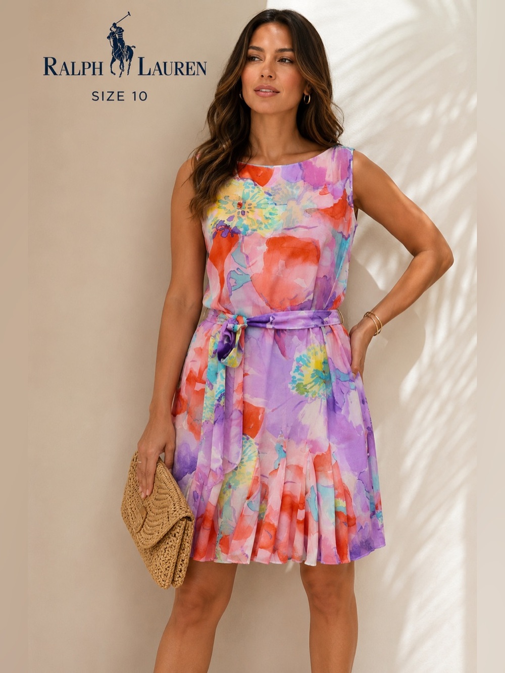 Ralph Lauren Chiffon Watercolor Floral Georgette Flounce Ruffle Dress Size 12